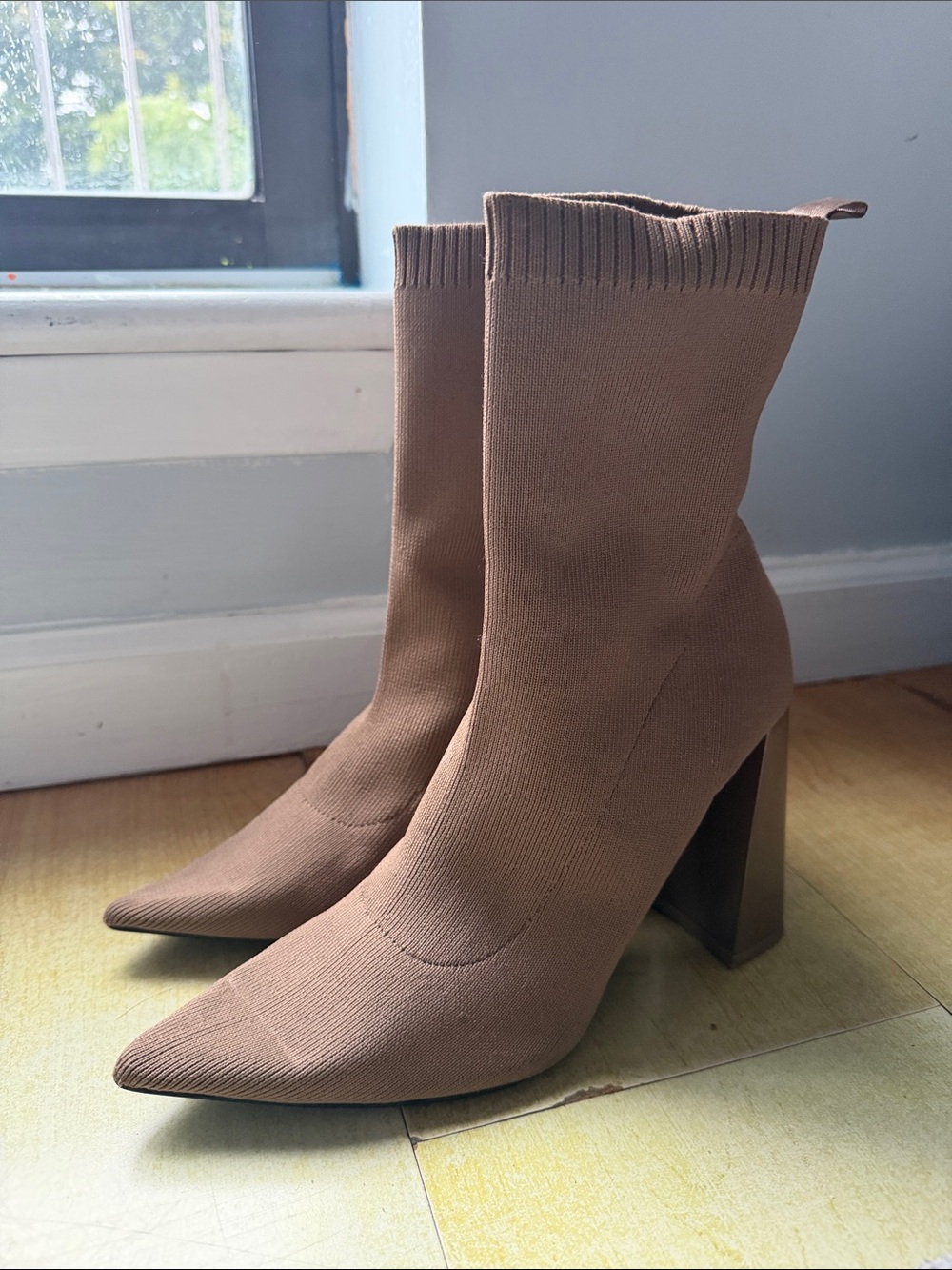 Zara Tan Pointed-Toe Stretch Sock Booties with Block Heel